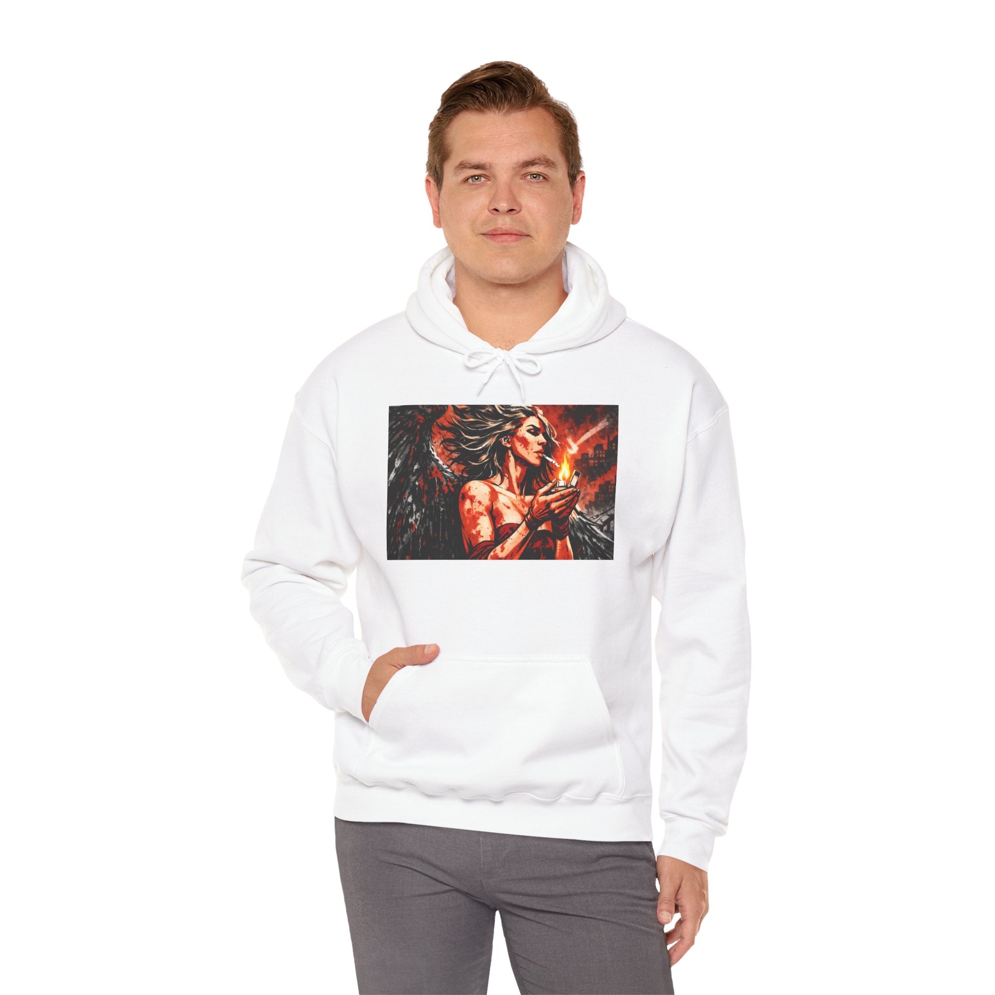 Unisex Fiery Fallen Angel Hoodie — Dark Fantasy Angel Graphic Hoodie