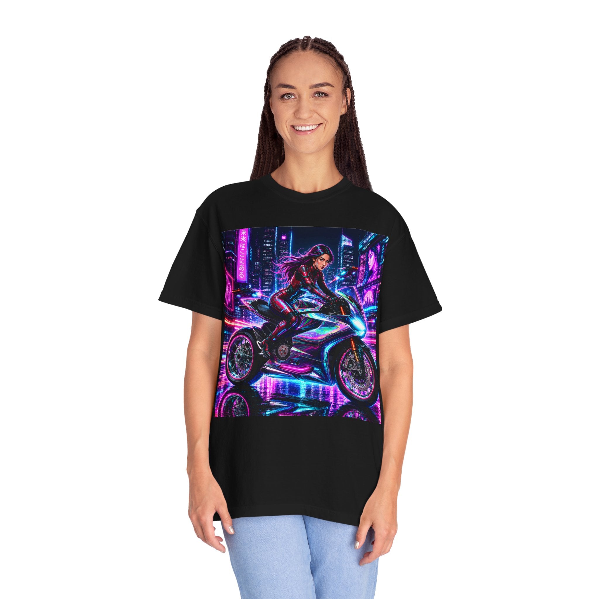 Unisex Cyberpunk Motorcycle Rider T-Shirt — Neon Futuristic Biker Tee