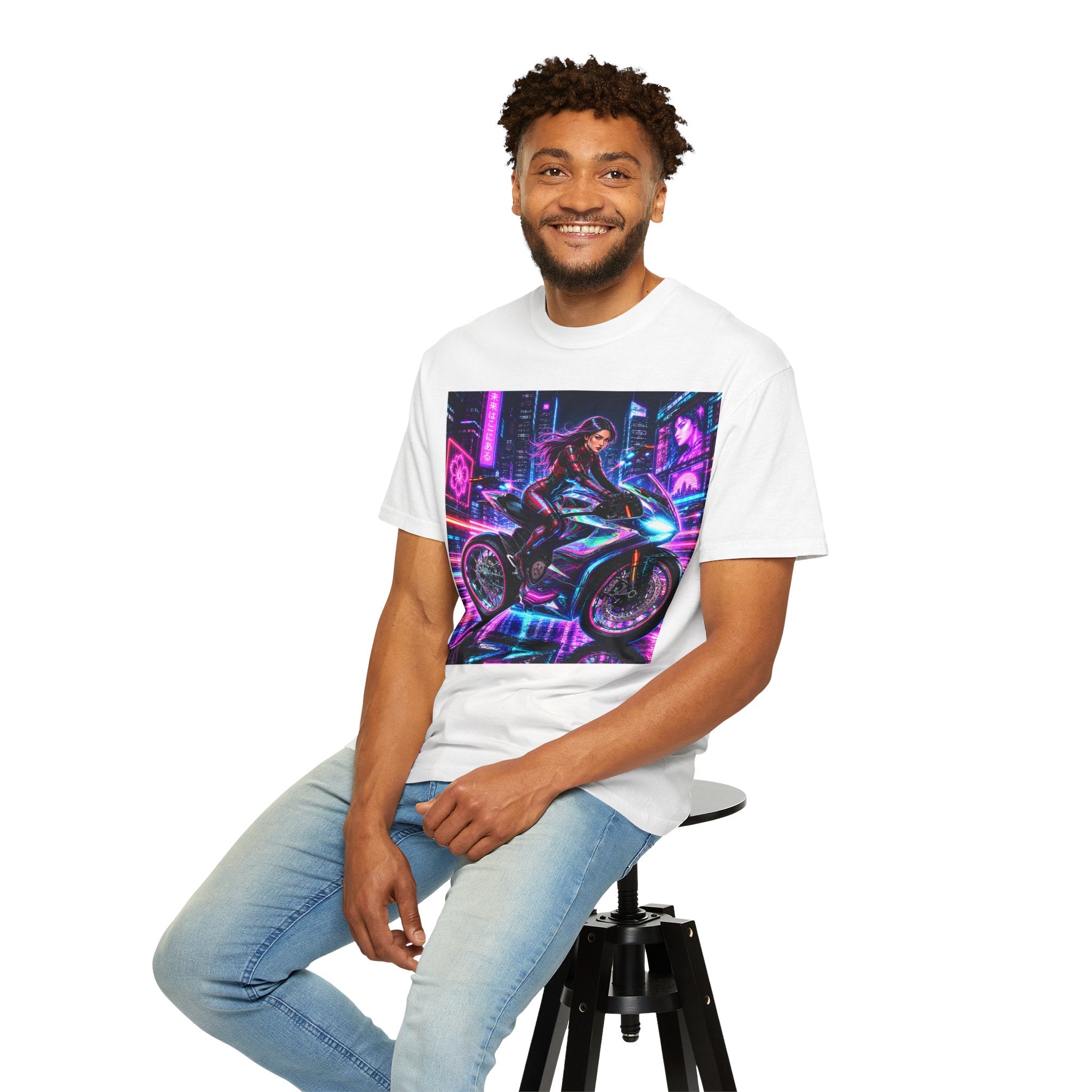 Unisex Cyberpunk Motorcycle Rider T-Shirt — Neon Futuristic Biker Tee