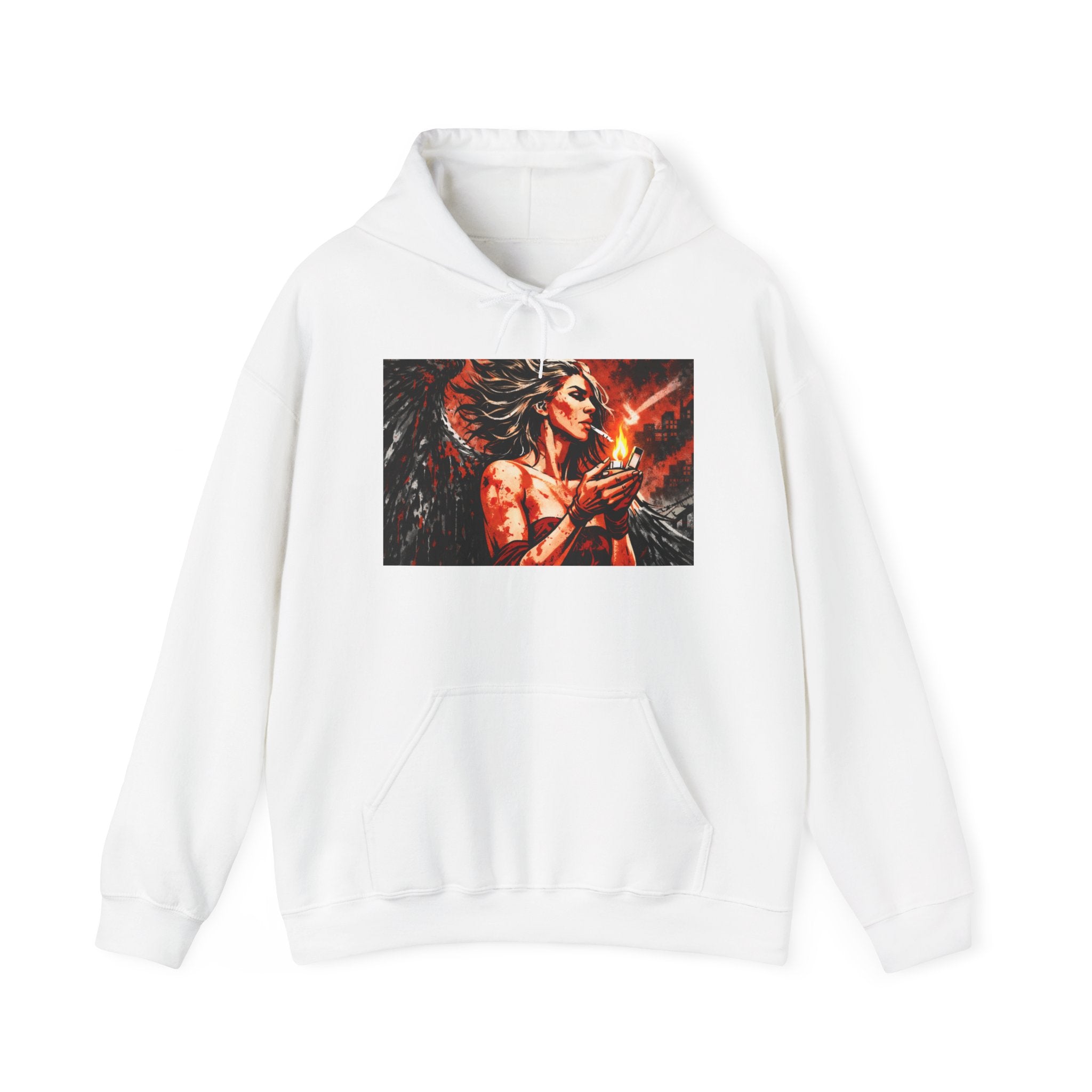 Unisex Fiery Fallen Angel Hoodie — Dark Fantasy Angel Graphic Hoodie