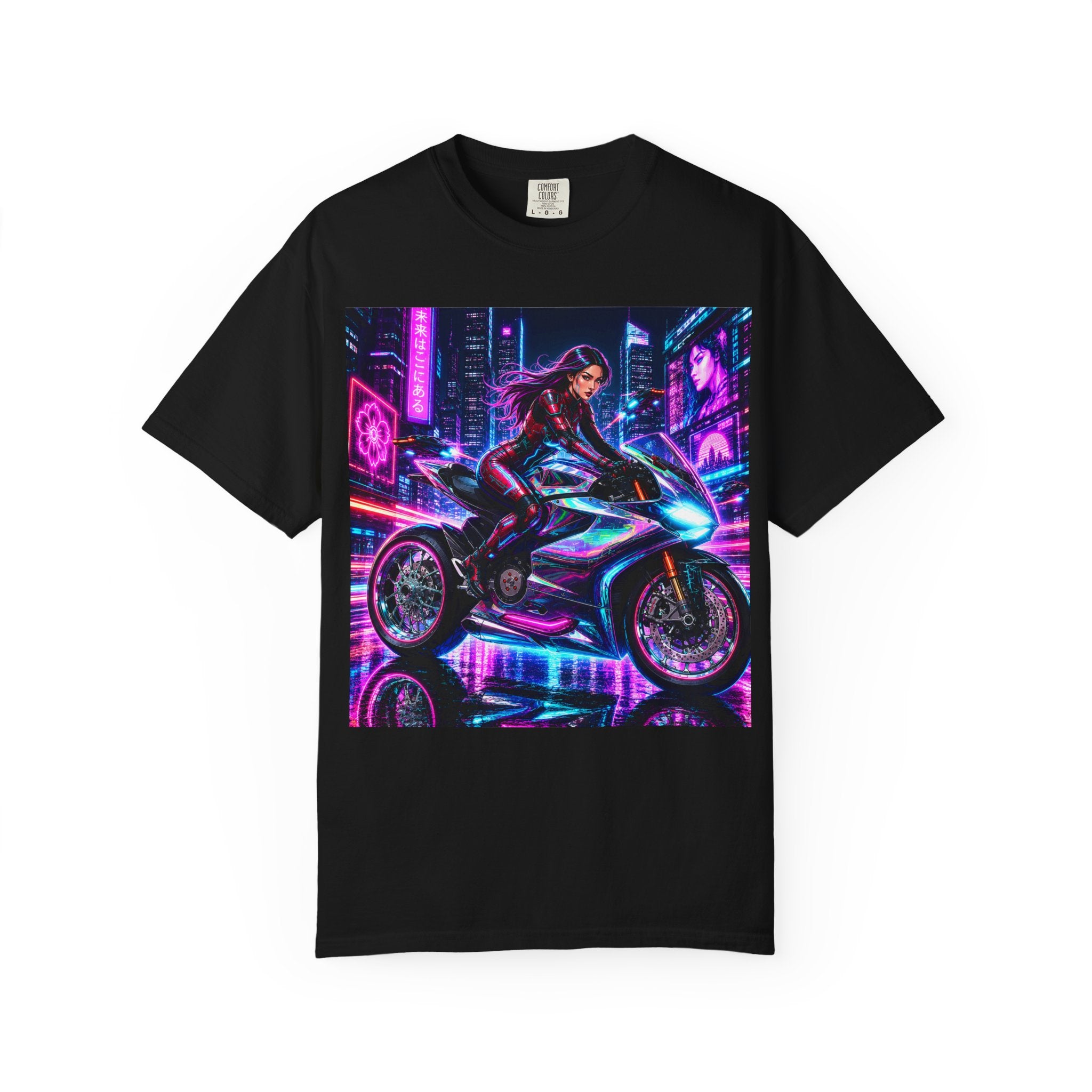Unisex Cyberpunk Motorcycle Rider T-Shirt — Neon Futuristic Biker Tee
